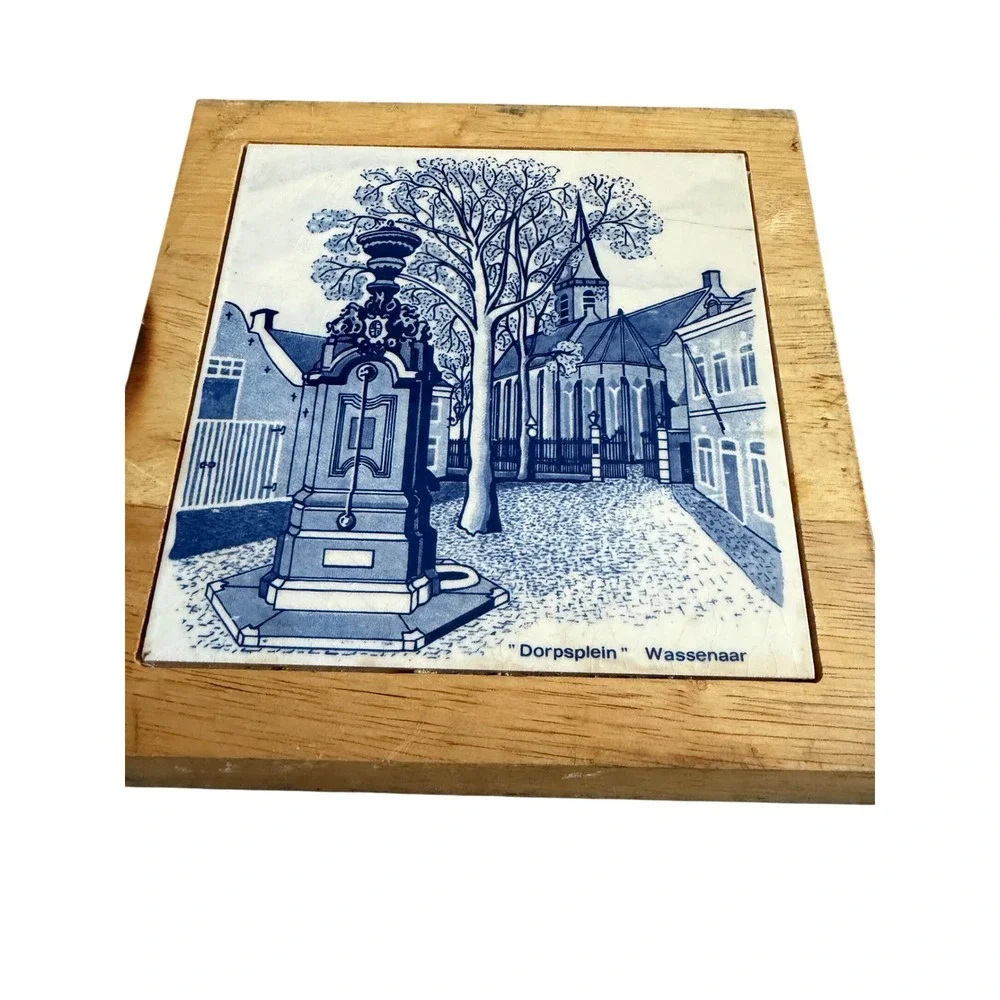 Vintage Delft Blue Handpainted Holland Tile Dorpsplein Wassenaar Wooden Frame 7